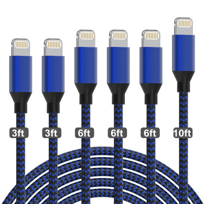 Picture of iPhone Charger [Apple MFi Certified] Lightning Cable 6PACK-3/3/6/6/6/10 FT Nylon Braided USB Charging Cable High Speed Cord Compatible with iPhone 14/13/12/11 Pro Max/XS MAX/XR/XS/X/8/7/Plus/6S/6/iPad