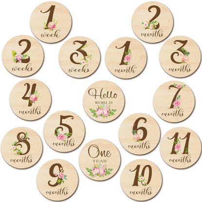 Picture of 16 Pieces Wooden Baby Monthly Milestone Cards Baby Monthly Milestone Marker Discs Double Sided Monthly Milestone Wooden Circles Baby Months Signs for Baby Shower Newborn Photo Props(Flower)