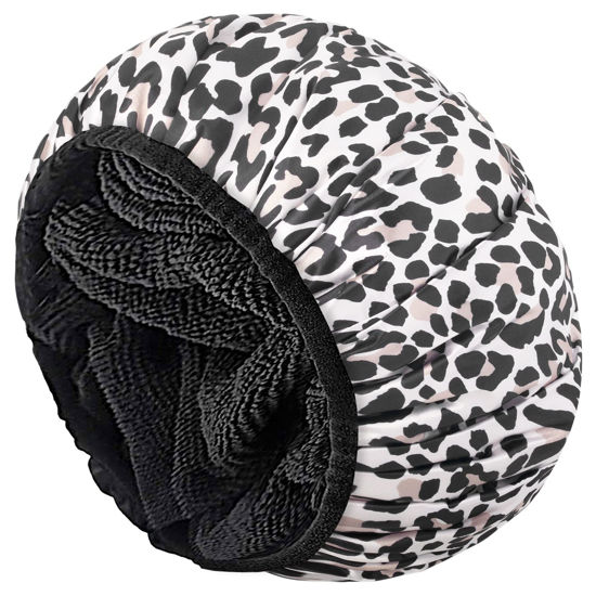 Picture of Aquior Shower Cap,Extra Large Triple Layer Bathing Cap with Dry Hair Function for Women Microfiber Terry Cloth Silky Satin 100% Waterproof Reusable Long Hair Bath Caps (Leopard)