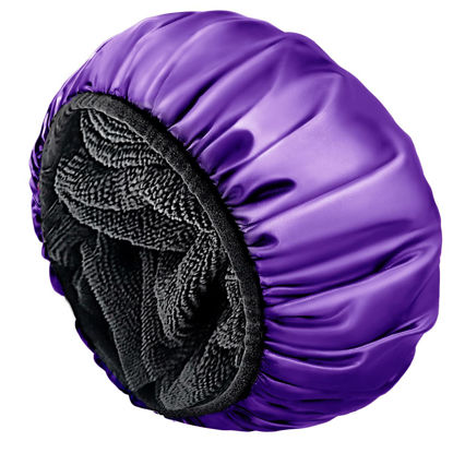 Picture of Aquior Shower Cap,Extra Large Triple Layer Bathing Cap with Dry Hair Function for Women Microfiber Terry Cloth Silky Satin 100% Waterproof Reusable Long Hair Bath Caps (Purple)