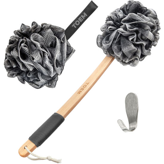 Picture of Toem Loofah Back Scrubber for Shower | Bamboo Charcoal Fiber Infused | Loufas for Men & Women | Includes 1 Long Handled Shower Sponge, 1 Bath & Shower Luffa Pouf & 1 Hook to Hang Stuff (Slate Grey)