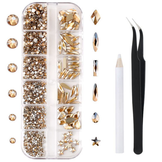 Picture of 1788 Pieces Flatback Rhinestones for Crafts,Nail Gems Gemstones Crystals Jewels,Craft Glass Diamonds Stones Bling Rhinestone with Tweezers and Picking Pen,12 Colors(Champagne)