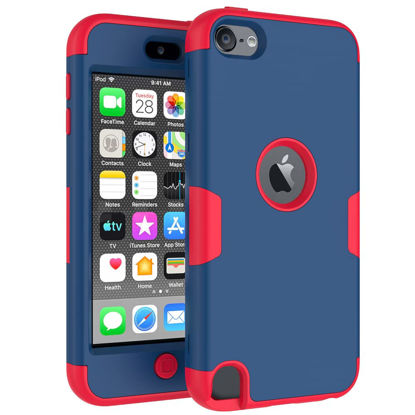 Picture of Callyue iPod Touch Case Compatible Apple iPod Touch 5th 6th & 7th Generation , PC + Silicone 2-in-1 Cover Protective Case for iPod Touch 7 / 6 / 5 - Navy + Red