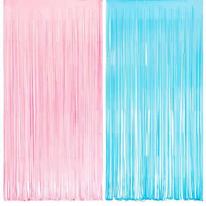 Picture of Pink and Blue Party Photo Backdrop - GREATRIL Foil Fringe Tinsel Streamers for Gender Reveal/Boy or Girl/Pastel/Easter/Baby Shower/Birthday Party Decoration - 3.2ft X 8.2ft - 2 Packs