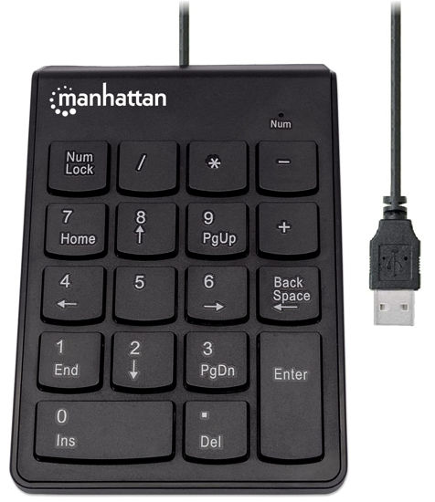 Picture of Manhattan Wired USB Numeric Keypad - 18 Full Size Keys & Ultra Slim Lightweight Ergonomic Number Pad Design - for Laptop, Desktop, Computer, PC - 3 Yr Mfg Warranty - Black, 179911