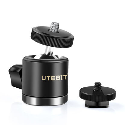 Picture of UTEBIT Mini Ball Head with 1/4" Hotshoe, Camera Mount Adapter 360 Degree Rotatable Aluminum Tripod Head for Digital Cameras, Mini SLRs, Tripods Camcorder Light Stand, Max Load 6.6lbs