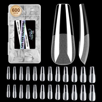 Picture of Coffin Nail Tips, Bettycora 600Pcs Gel x Nail Tips Long Coffin Nails Half Matte Soft Nail Tips with 12 Sizes, Clear False Nails for Acrylic Nail Extensions Pre-Shape