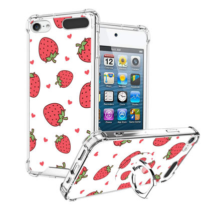 Picture of OOK Compatible with iPod Touch 7/6/5 Generation Case Ring Holder for Girls Woman,Soft TPU Bumper PC Back Shockproof Protective Case-Strawberry