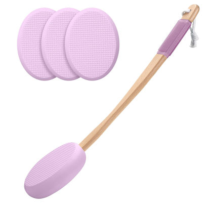 Picture of Amazerbath Lotion Applicator for Back, Feet, 4 Replaceable Pads with 1 Long Handled, Back Lotion Applicator for Elderly, Women, Apply Cream Medicine Skin Cream Moisturizer Sunscreen Tanner, Purple