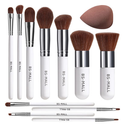 Picture of BS-MALL Makeup Brush Set 11Pcs Bamboo Synthetic Kabuki Brush Set Foundation Powder Blending Concealer Eye shadows Blush Cosmetics Brushes with Organizer Bag & Makeup Sponge (White)