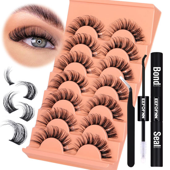 Picture of Lash Extension Kit Natural Cluster Lashes Wispy Individual Eyelashes Lash Bond and Seal with Tweezers Curly Eyelash Clusters DIY Lashes Kit that Look like Extensions by Eefofnn