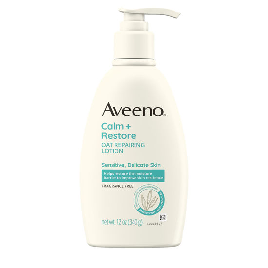 Picture of Aveeno Calm + Restore Oat Repairing Body Lotion for Sensitive Skin, Daily Moisturizer with Prebiotic Oat, Aloe & Pro-Vitamin B5 Helps Restore Skin's Moisture Barrier, Fragrance Free, 12 oz