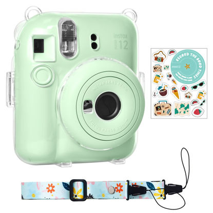 Picture of Rieibi Clear Case for Polaroid Fuji Instax Mini 12, 10 Photos Storing Pocket for Fujifilm Instax Mini 12 Instant Camera, Removable Shoulder Strap and Beautiful Sticker for Instax mini 12 - Green