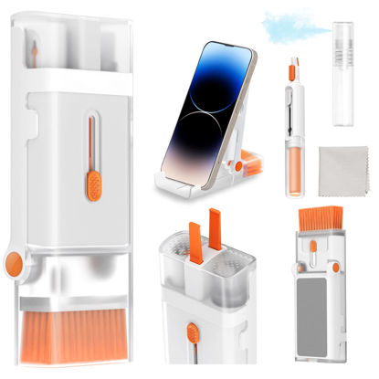 Picture of Keyboard Brush, JiaTeums Keyboard Cleaner Kit Wipe with Microfiber Cloth and 5ml Mist Spray with Cell Phone Stand, for Computer, MacBook, Laptop, iPhone, Airpods pro, Ipad, Headphone (Orange)