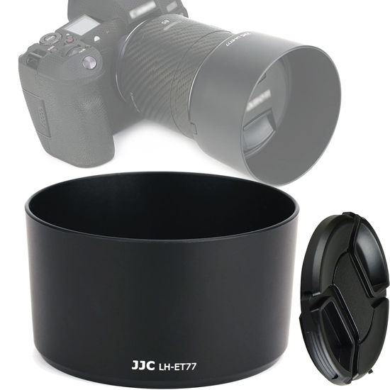 Picture of JJC LH-ET77 Black Dedicated Bayonet Mount Lens Hood Shade, Compatible with Canon RF 85mm f/2 Macro is STM Lense, Reversible Non-Glare Matte Finish, Replacement of ET-77 Lens Hood