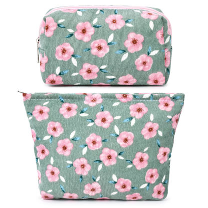 Picture of SOIDRAM 2 Pieces Floral Makeup Bag Large Cosmetic Bag Capacity Canvas Travel Toiletry Bag Organizer Cute Makeup Brushes Aesthetic Accessories Storage Bag for Women