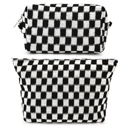 Picture of SOIDRAM 2 Pieces Makeup Bag Large Checkered Cosmetic Bag Black Capacity Canvas Travel Toiletry Bag Organizer Cute Makeup Brushes Aesthetic Accessories Storage Bag for Women