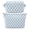 Picture of SOIDRAM 2 Pieces Makeup Bag Large Checkered Cosmetic Bag Blue Capacity Canvas Travel Toiletry Bag Organizer Cute Makeup Brushes Aesthetic Accessories Storage Bag for Women