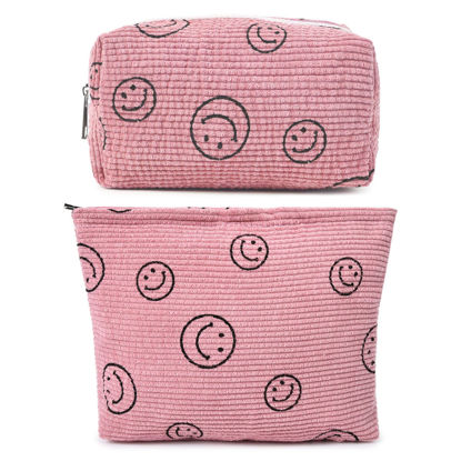 Picture of SOIDRAM 2 Pieces Makeup Bag Large Corduroy Cosmetic Bag Smiley Face Capacity Canvas Pink Travel Toiletry Bag Organizer Cute Makeup Brushes Aesthetic Accessories Storage Bag for Women