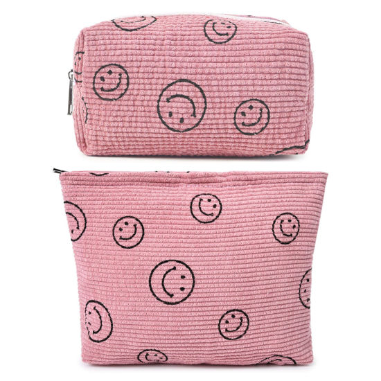 Picture of SOIDRAM 2 Pieces Makeup Bag Large Corduroy Cosmetic Bag Smiley Face Capacity Canvas Pink Travel Toiletry Bag Organizer Cute Makeup Brushes Aesthetic Accessories Storage Bag for Women