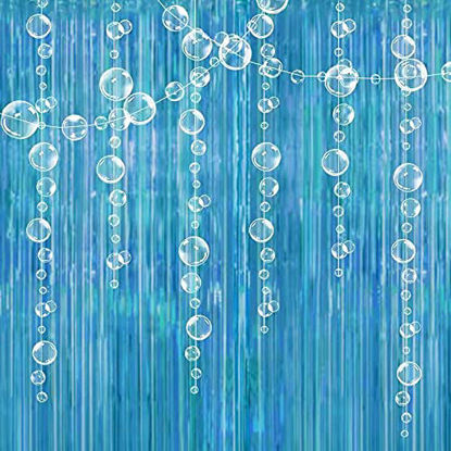 Picture of Ocean Blue Under The Sea Party Decoration Tinsel Foil Fringe Curtain Backdrop Hanging White Bubble Garland for Mermaid Birhthday Party Photo Booth Baby Shower Birthday Party Supplies