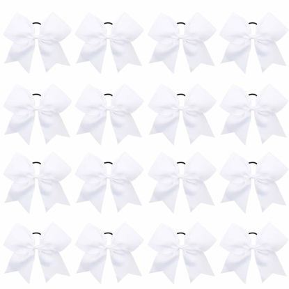 Picture of 16PCS 8" Large Cheer Hair Bows Ponytail Holder Elastic Band Handmade for Cheerleading Teen Girls College Sports (16 Pcs White)