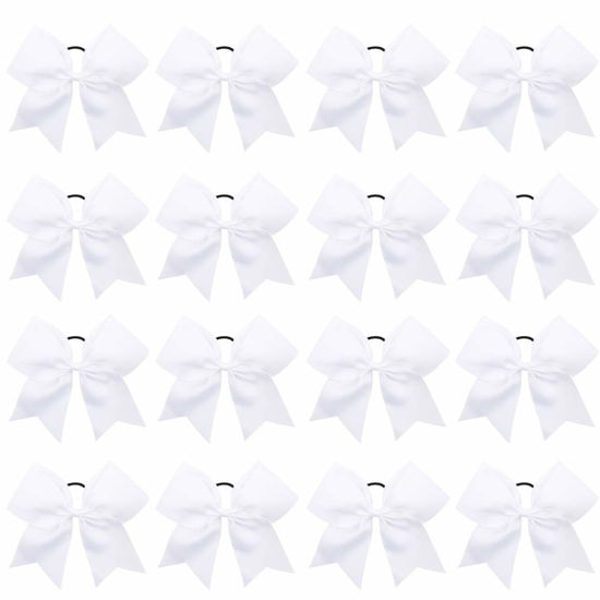 Picture of 16PCS 8" Large Cheer Hair Bows Ponytail Holder Elastic Band Handmade for Cheerleading Teen Girls College Sports (16 Pcs White)