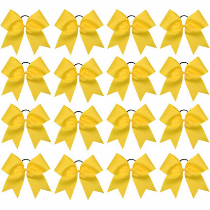 Picture of 16PCS 8" Large Cheer Hair Bows Ponytail Holder Elastic Band Handmade for Cheerleading Teen Girls College Sports (16 Pcs) (Yellow)