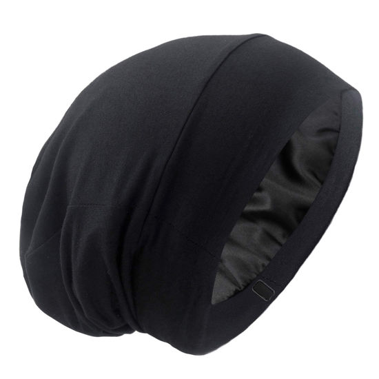 Picture of Silky Satin Lined Bonnet Sleep Cap - Adjustable Stay on All Night Hair Wrap Cover Slouchy Beanie for Curly Hair Protection for Women and Men - Solid Black