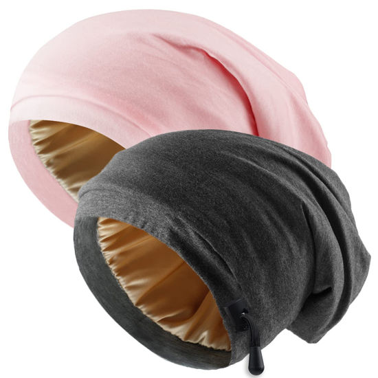 Picture of Silk Satin Bonnet Hair Wrap for Sleeping, 2 Pcs Adjustable Silk Bonnets for Women Men Sleep Cap Silk Lined Slouchy with Adjustable Strap Curly Hair Head Scarf Night Caps