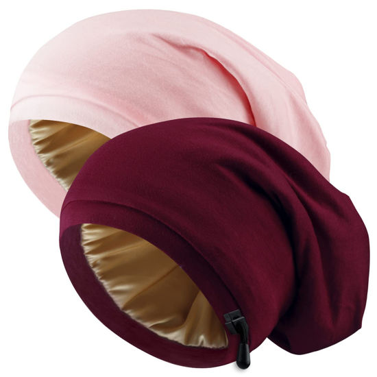 Picture of Silk Satin Bonnet Hair Wrap for Sleeping, 2 Pcs Adjustable Silk Bonnets for Women Men Sleep Cap Silk Lined Slouchy with Adjustable Strap Curly Hair Head Scarf Night Caps