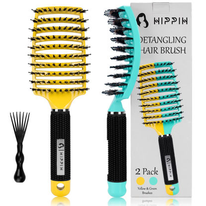 Picture of Detangling Brush 2 Pack, HIPPIH Boar Bristle Hair Brush for Women, Men & Kids’ Wet or Dry Hair, Magic Brush for Long curly Thick Hair Can Adds Shine and Makes Hair Smooth Yellow