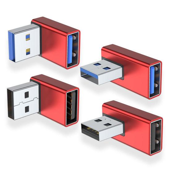 Picture of AreMe 90 Degree USB 3.0 Adapter 4 Pack, Up and Down Angle, Left and Right Angle USB A Male to Female Converter Extender for PC, Laptop, USB A Charger, Power Bank and More (Red)