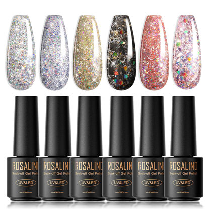 Picture of ROSALIND Glitter Gel Nail Polish Set, 6 Colors Pink Silver Platinum Gel Polish Shiny Black Glitter Gel Nail Polish UV LED Soak Off Nail Polish Home DIY Manicure Nail Salon Varnish