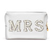 Picture of Y1tvei Bride MRS Patch Varsity Letter Cosmetic Toiletry Big Bag Pearl Rhinestone Letter Patches Large White Makeup PU Bag Waterproof Portable Zipper Purse Travel Organizer for Wedding Bride Bridesmaid