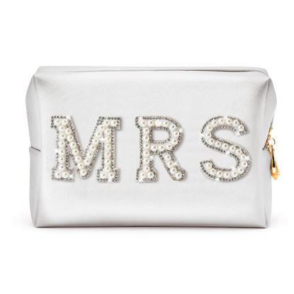 Picture of Y1tvei Bride MRS Patch Varsity Letter Cosmetic Toiletry Big Bag Pearl Rhinestone Letter Patches Large White Makeup PU Bag Waterproof Portable Zipper Purse Travel Organizer for Wedding Bride Bridesmaid