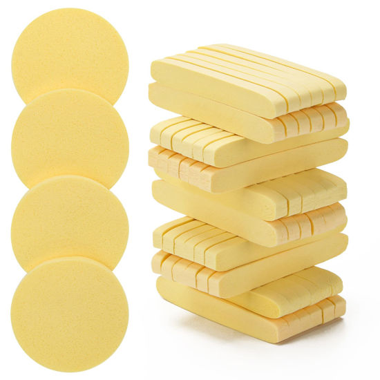 Picture of 120 Pcs Facial Sponge Compressed, Luxiv Face Cleansing Sponge Estheticians Compressed Makeup Facial Sponge Round Wash Face Sponges for Women Compress Exfoliating Removal Sponge (Yellow)