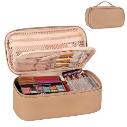 Picture of OCHEAL Small Makeup Bag,Portable Cute Travel Makeup Bag Pouch for Women Girls Makeup Brush Organizer Cosmetics Bags with Compartment-Beige Apricot