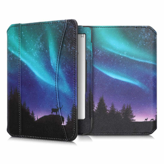 Picture of kwmobile Case Compatible with Kobo Clara HD - PU Leather Cover with Magnetic Closure, Strap, Front Pocket - Aurora Turquoise/Blue/Black