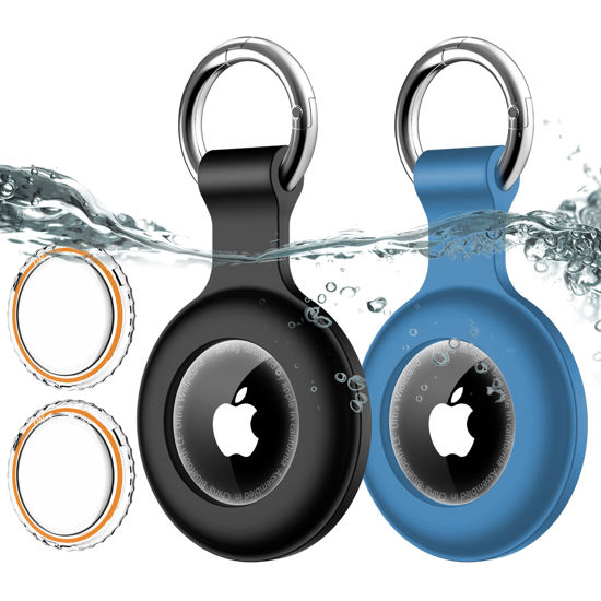 Picture of 2 Pack,IPX8 Waterproof Airtag Holder[PC+Silicone]with Air Tag Keychain for Apple Air Tags,Full Body Shockproof[Anti-Scratch]Air-tags GPS Item Finders Case for Pets,Bags,Kids,Keys, Luggage-Black+Blue