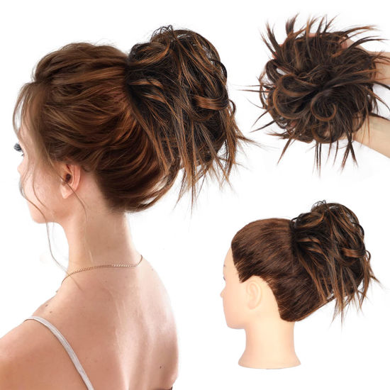 Picture of HMD Tousled Updo Messy Bun Hairpiece Hair Extension Ponytail with Elastic Rubber Band Updo Ponytail Hairpiece Synthetic Hair Extensions Scrunchies Ponytail Hairpieces for Women(Tousled Updo Bun,Dark Brown & Light Auburn Mixed)