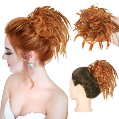 Picture of HMD Tousled Updo Messy Bun Hairpiece Hair Extension Ponytail with Elastic Rubber Band Updo Ponytail Hairpiece Synthetic Hair Extensions Scrunchies Ponytail Hairpieces for Women(Tousled Updo Bun, Copper Red)