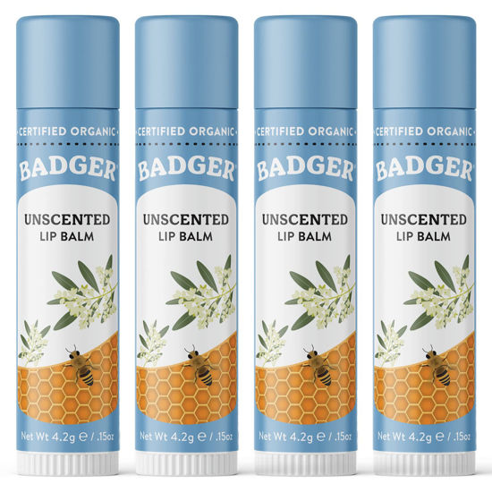 Picture of Badger - Classic Lip Balm, Unscented, Made with Organic Olive Oil, Beeswax & Rosemary, Certified Organic, Moisturizing Lip Balm, 0.15 oz (4 Pack)