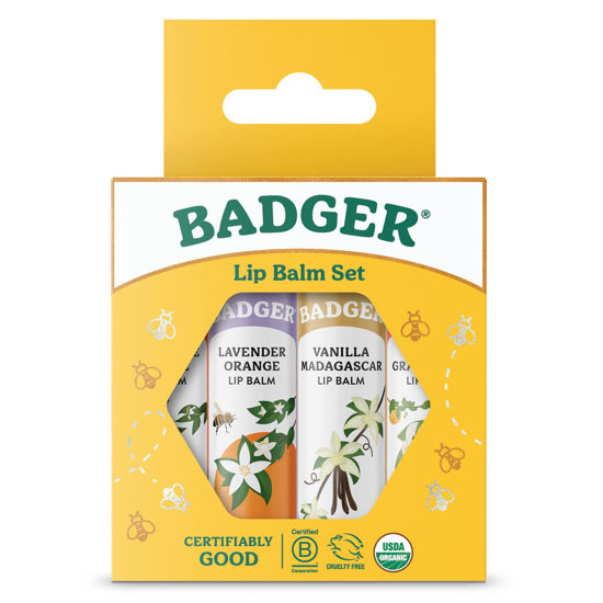 Picture of Badger - Classic Lip Balm Gold Box with Aloe, Extra Virgin Olive Oil, Beeswax & Essential Oils, Lip Balm Variety Pack, Certified Organic, 0.15 oz (4 Pack)