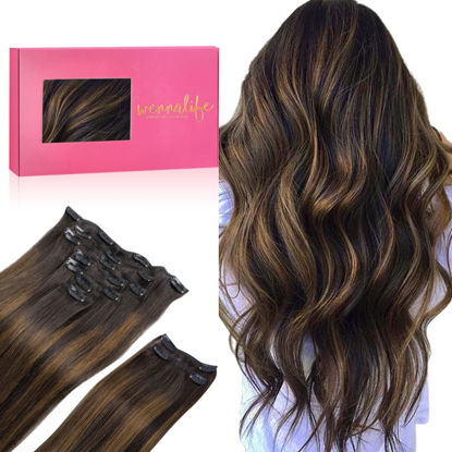 Picture of WENNALIFE Clip in Hair Extensions, 150g 18 Inch 9pcs Balayage Dark Brown to Chestnut Brown Human Hair Extensions Thicker Clip in Hair Extensions Real Human Hair Clip Set Double Weft