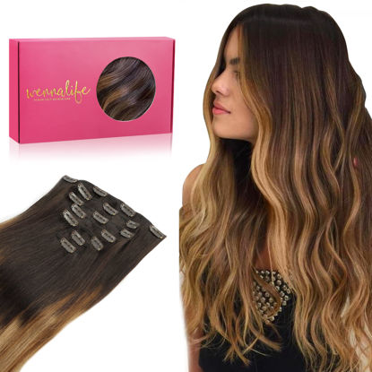 Picture of WENNALIFE Clip in Human Hair Extensions, 20 Inch 120g 7pcs Dark Brown to Chestnut Brown and Dirty Blonde Highlighted Clip In Human Hair Remy Clip in Hair Extensions Real Human Hair Double Weft