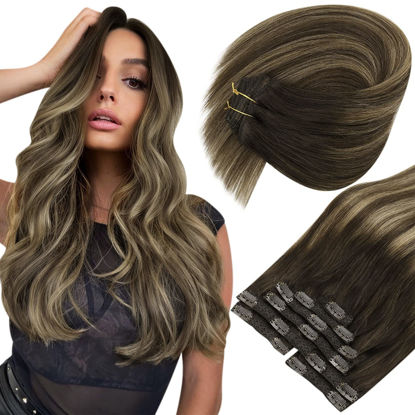 Picture of Sunny Clip In Hair Extensions Balayage Dark Brown Ombre Caramel Blonde with Brown Human Hair Clip In Extensions Balayage Brown Real Hair Extensions Clip in Human Hair 7Pcs 120G 20Inch