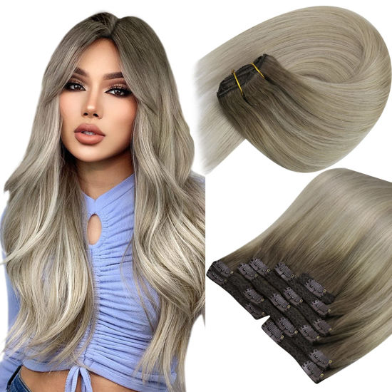 Picture of Sunny Ombre Clip in Hair Extensions Real Human Hair Invisible Clip in Human Hair Extensions Ash Blonde Ombre Sunkissed Blonde Hair Clip in Extensions Human Hair for Women 120g 7pcs 22inch