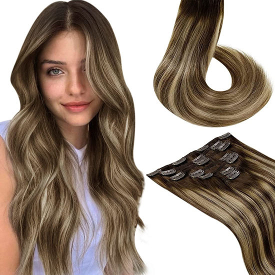 Picture of LAAVOO Clip in Hair Extensions Ombre Human Hair Clip in Extensions 22inch Balayage Dark Brown Fading to Caramel Brown Real Hair Clip in Hair Extensions Human Hair Brown Silky Straight 7pcs/120g