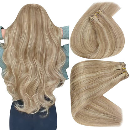 Picture of Sunny Blonde Sew in Hair Extensions Real Human Hair Weft Human Hair Extensions Dark Ash Blonde Highlighted Light Blonde Human Hair Weft Extensions Double Weft Sew in 20inch 100g